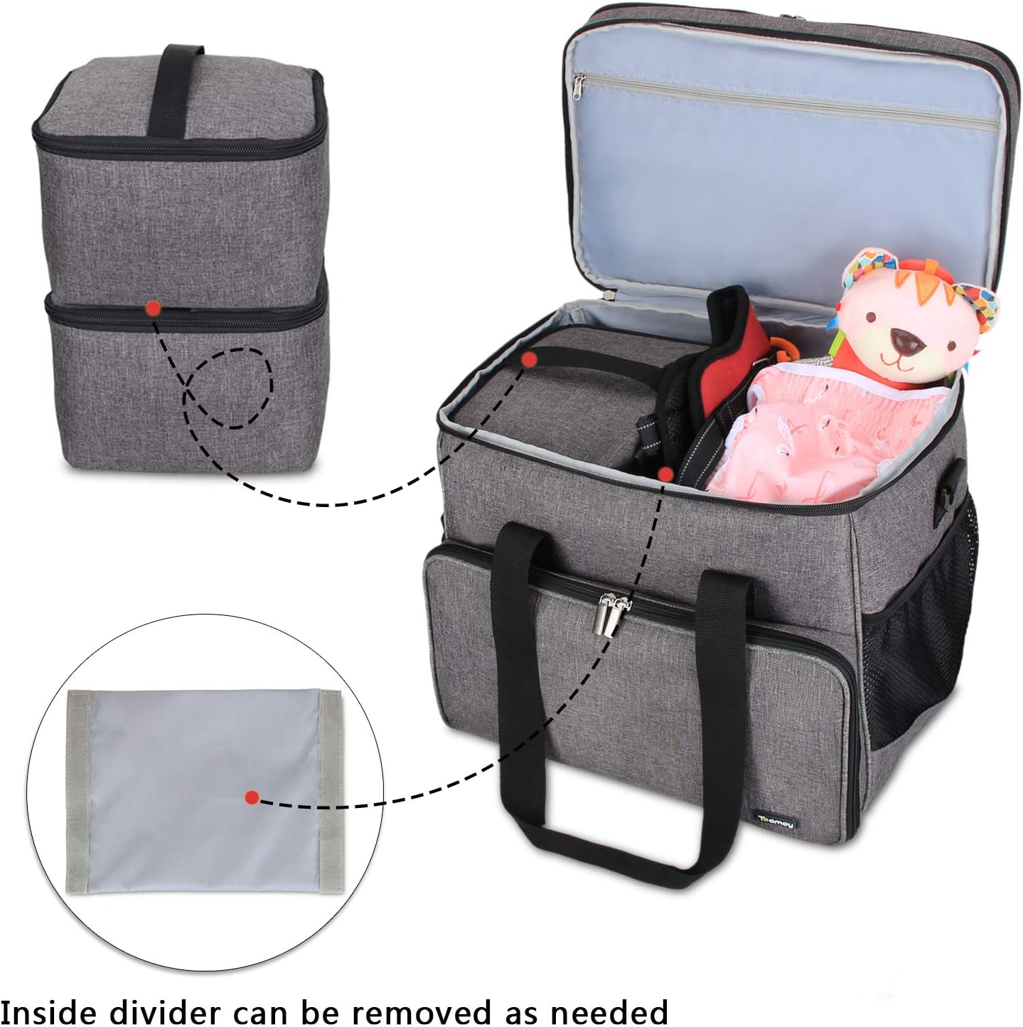 Teamoy Double Layer Dog Travel Bag, Dog Bag for Supplies with 2 Silicone Collapsible Bowls, 2 Food Carriers, 1 Water-Resistant Placemat, Pet Supplies Weekend Tote Organizer (Large, Gray)