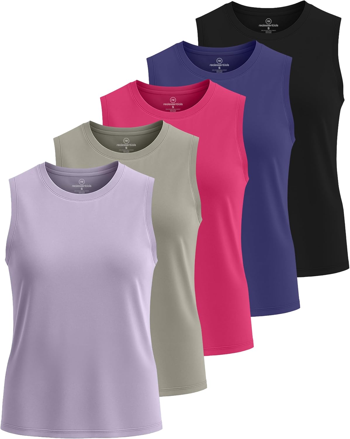 Real Essentials Women's Dry-Fit Tank Tops - 5 Pack Racerback Sleeveless Athletic Shirts (Plus Sizes Available)