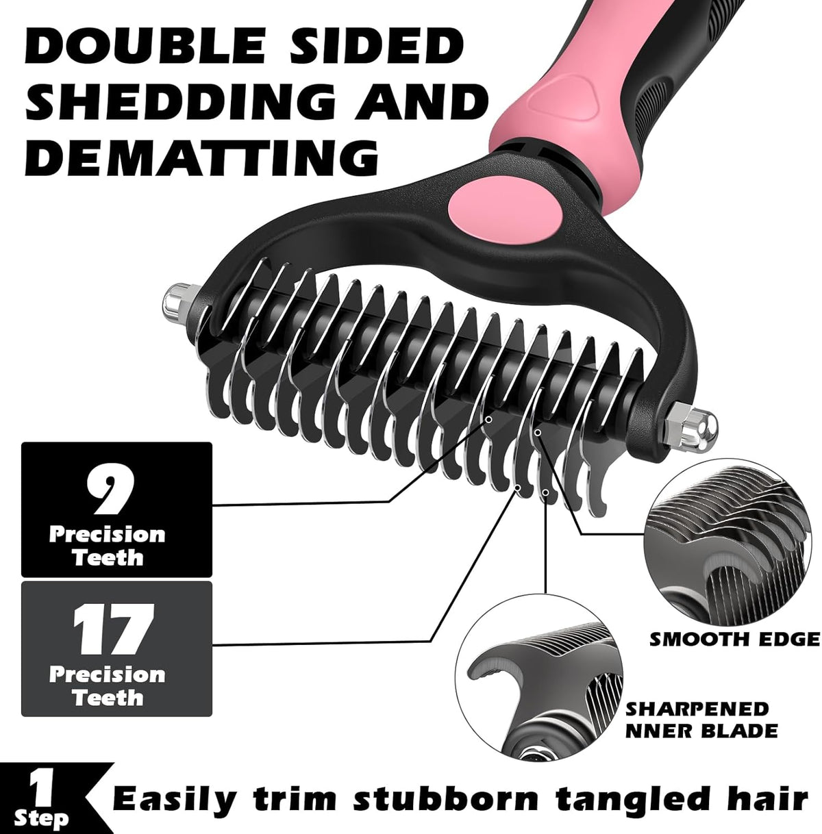Skiennix Self-Cleaning Slicker Brush Set - Pet Grooming Rake & Flea Comb for Dogs, Cats, Horses | Light Pink