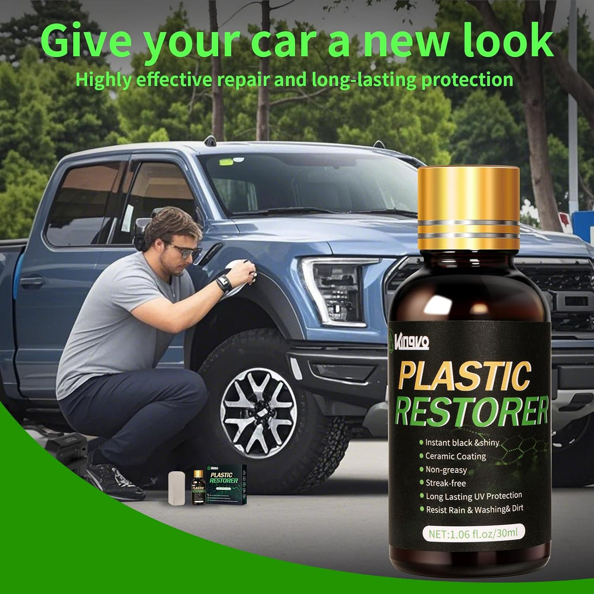 Kingvo Plastic Restorer for Cars, Black Plastic Trim Restoration,Vinyl Trim Restorer Automotive Hydrophobic Ceramic Coating with Foam Applicator,30ML(4-Pack)