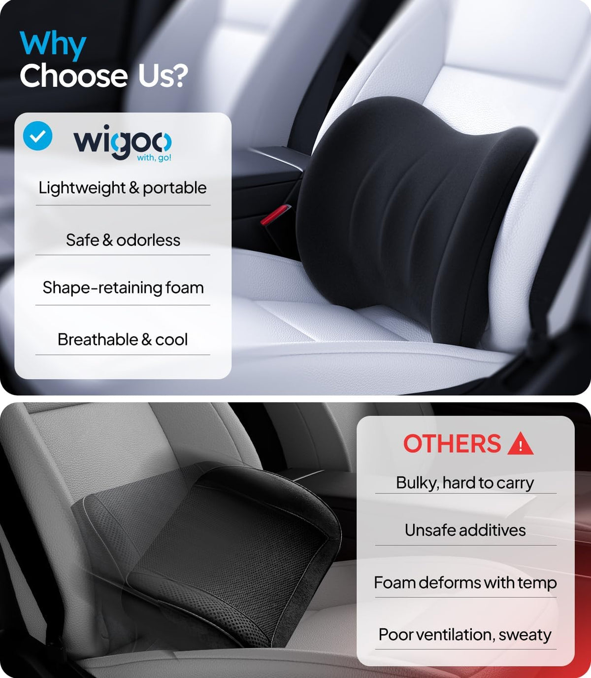 Wigoo Lumbar Support Pillow for Car-Office Chair, Black 1-Pack