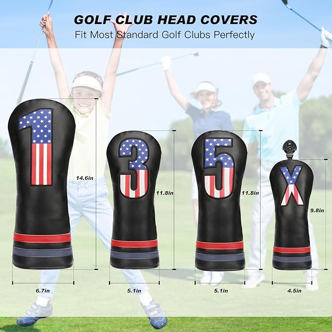 Golf Head Covers, 4pcs or 1pc USA Stars and Stripes Golf Club Covers for Woods and Driver Fairway Hybrid, PU Leather Golf Club Head Covers for Men Women with Interchangeable Tags, Fits Most Golf Clubs