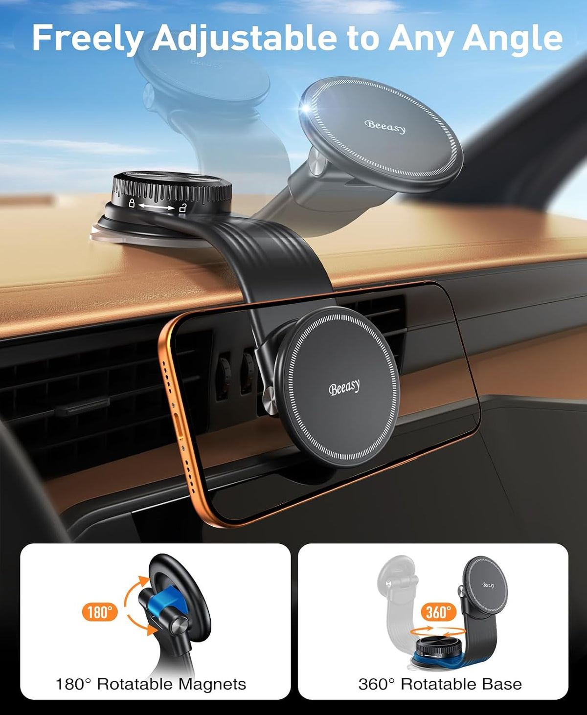 Beeasy for MagSafe Car Mount, 360 Adjustable Bendable Memory Alloy Arm, Magnetic Phone Holder with Vacuum Suction Cup, Dashboard Phone Mount for Tesla, iPhone, Samsung & All Smartphones