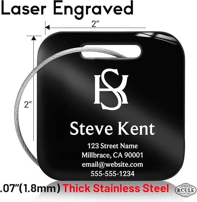 Personalized Luggage Tags for Suitcases - Stainless Steel Custom Luggage Tags for Backpacks & Bags, Sturdy, Waterproof & Heavy Duty (Black/Square)