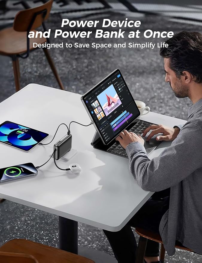 Portable Charger with Built-in Cables & Wall Plug, 10000mAh Power Bank, 4 Outputs 22.5W USB C Fast Charging, Slim Travel Battery Pack with LED Display for iPhone 17/16/15/14, Black