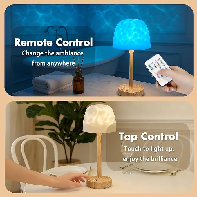 Waterproof Shower Lamp for Inside Shower, Rechargeable Bathroom Lamp with Remote & Touch Control, Cordless Shower Light with 16 Color Changeable, LED Ocean Wave Projector Light for Bedroom, Wood Grain