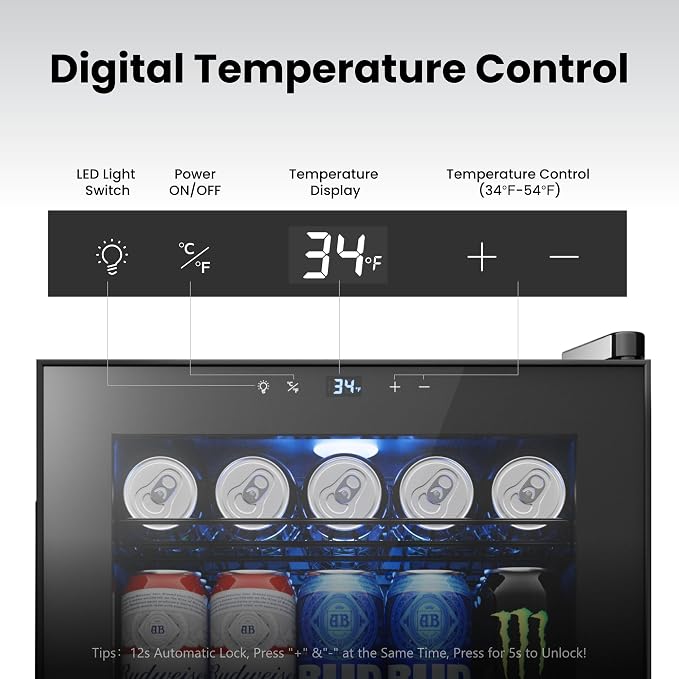 Yeego Beverage Refrigerator Drink Cooler, 85 Cans Mini Fridge Glass Door | Soda Wine Beer Cooler, 34°F To 54°F Temperature Control, for Home Office Bar, Adjustable Shelves,Freestanding, Black