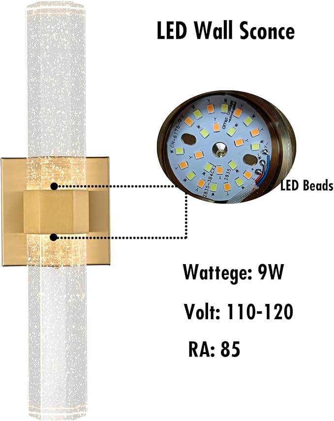 HOLKIRT Gold Bath Vanity Light Crystal Wall Sconce Light 15.7" Modern LED Vanity Wall Light Over Mirror with Seeded Crystal Rods 3000K/4000K/6500K Indoor Wall Lamp for Bathroom Bedroom Hallway