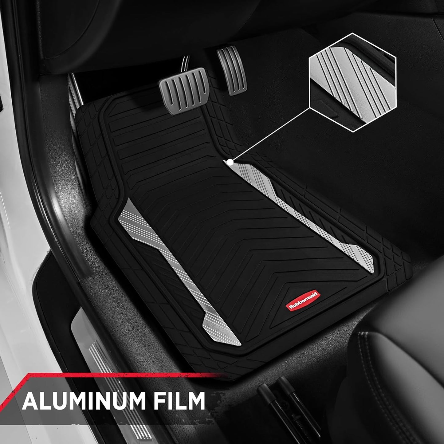 Rubbermaid Car Floor Mat, Heavy Duty All-Weather Car Mats Full Set with Dual-Tone Sliver Aluminum Inserts – Universal Fit, Anti-Slip Backing, Trim-to-Fit for Most SUV, Sedan, Van