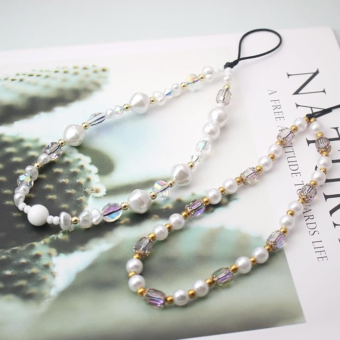 CMVFYL Beaded Camera Wrist Strap, Cute Phone Charms Strap, Pearl Bracelet Wrist
