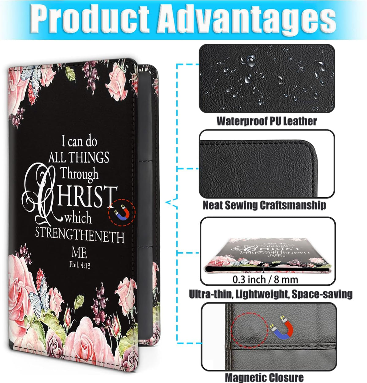 Car Document Holder with Magnetic Shut, PU Car Registration & Insurance Card Holder for Driver License, Cards & Essential Documents, Vehicle Glove Box Organizer, Christian Bible Verse Phil 4:13
