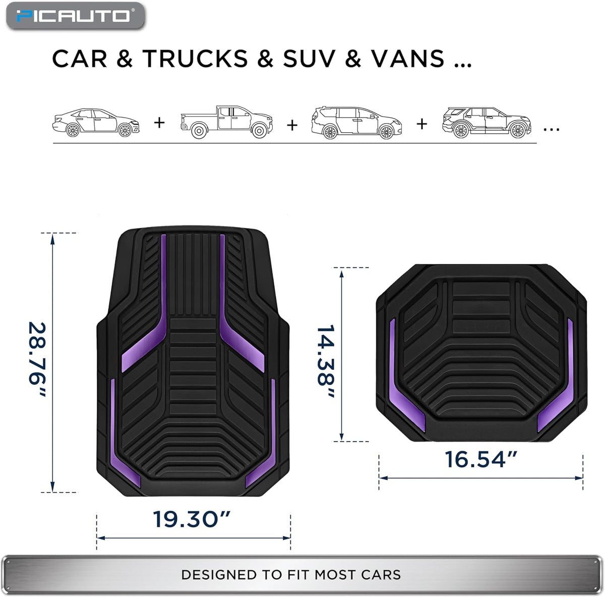 PIC AUTO Heavy Duty Rubber Floor Mats, Purple Aluminum Film Car Mats Set, Front and Rear Car Mats with Anti-Slip Backing, All Weather Protection, Trim-to-Fit for Automotive SUV, Sedan, Van
