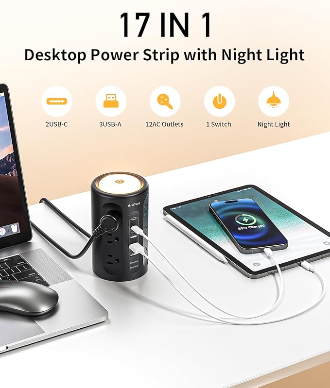 AnnTane Power Strip Tower with Night Light, Power Strip Surge Protector with USB Ports, Extension Cord 10 FT with Multiple Outlets (12AC+3A+2C) for Home Office Desk DormRoom (Black)