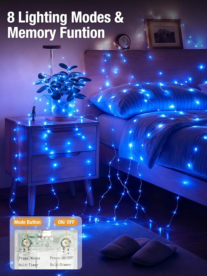 btfarm 4 Pack Fairy Lights Battery Operated with Timer, 16.4 FT 50 LED Silver Wire Twinkle String Lights 8 Modes Dimmable Waterproof for Indoor Christmas Bedroom Wedding Decorations, Blue