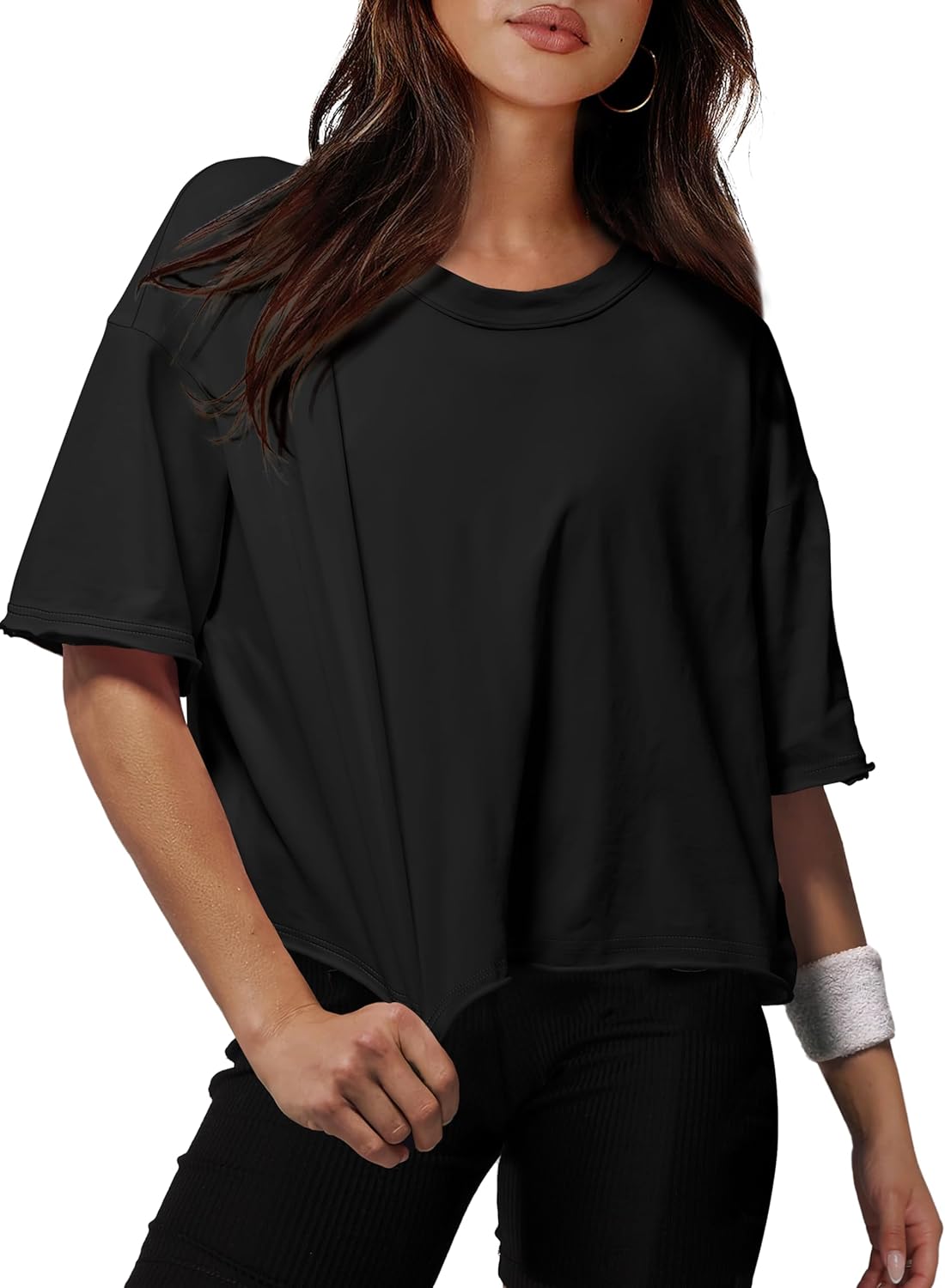 XIEERDUO Cotton T-Shirts for Women - Oversized Drop Shoulder Round Neck Crop Tops | Stylish Workout Tees