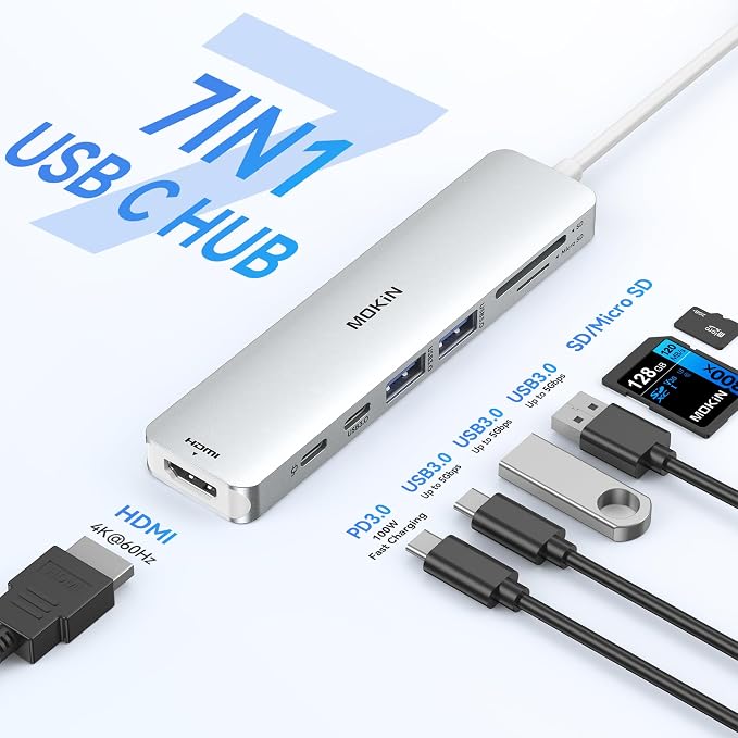 MOKiN 7 in 1 USB C Dongle with HDMI, microSD/SD Card Reader, Data Port