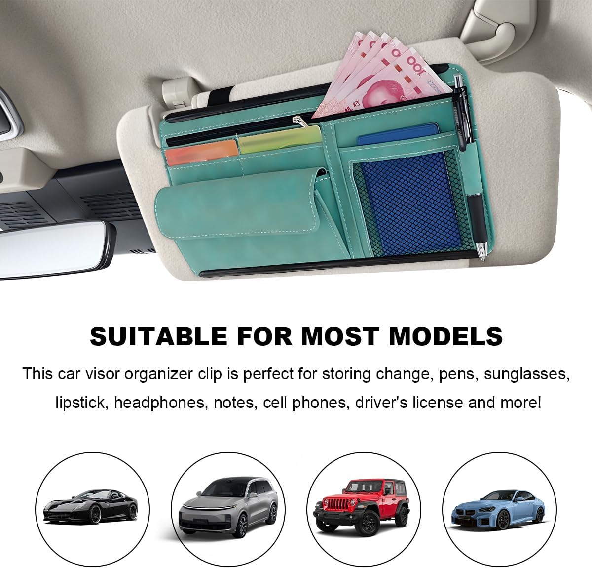 Car Sun Visor Organizer, Leather Sun Visor Pocket Organizer Case with Multi-Pocket Net Zipper, Suede Note Holder Car Visor Storage Pouch for Card Pen Sunglasses Document (Blue)