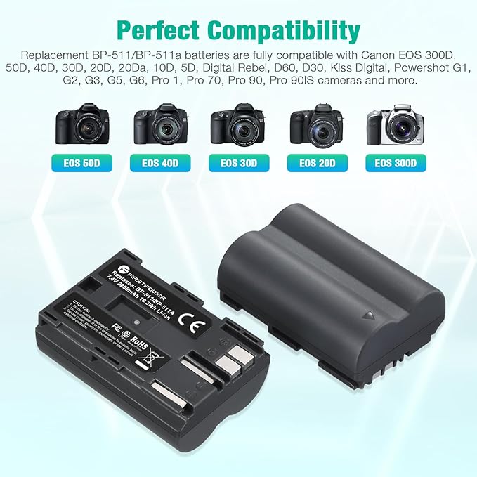 FirstPower BP-511 BP-511a Battery 2-Pack 2200mAh and Dual USB Charger