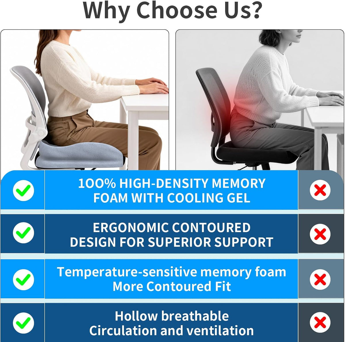 Seat Cushions for Office Chairs Wheelchair Cushion for Long Sitting Back Pain，Memory Foam Seat Car Computer Desk Chair Cushion，Coccyx Cushion for Tailbone Pain Relief Cushion Office Chair Black Blue