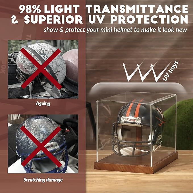 JupDec Mini Helmet Display Case, Acrylic Clear 1/2 Football Baseball Helmet Showcase, UV Protection Souvenirs and Collectibles Box with Solid Wood Base & Riser, Ideal Gift for Sports Enthusiast