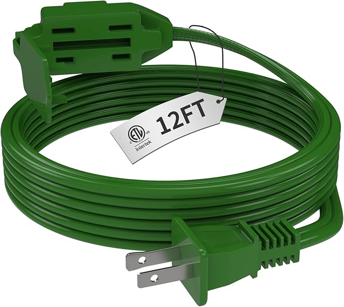 PLUGTUL Indoor Green Extension Cord 12 Feet, 3-Outlet Household Extension Cord, 2 Prong, 16 Gauge, 3 Polarized Outlets with Safety Cap Protect for Home Office, 16/2 SPT-2 ETL Listed