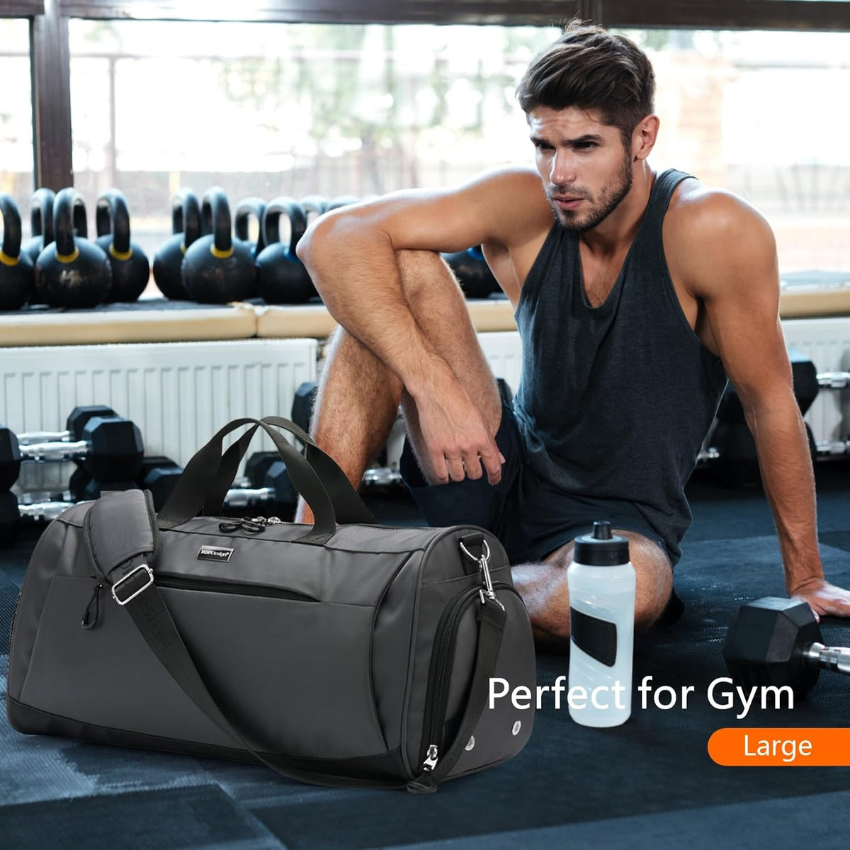 TOPDesign Gym Bag - Unisex Duffel with Shoe Compartment & Wet Pocket for Travel | Large Grey