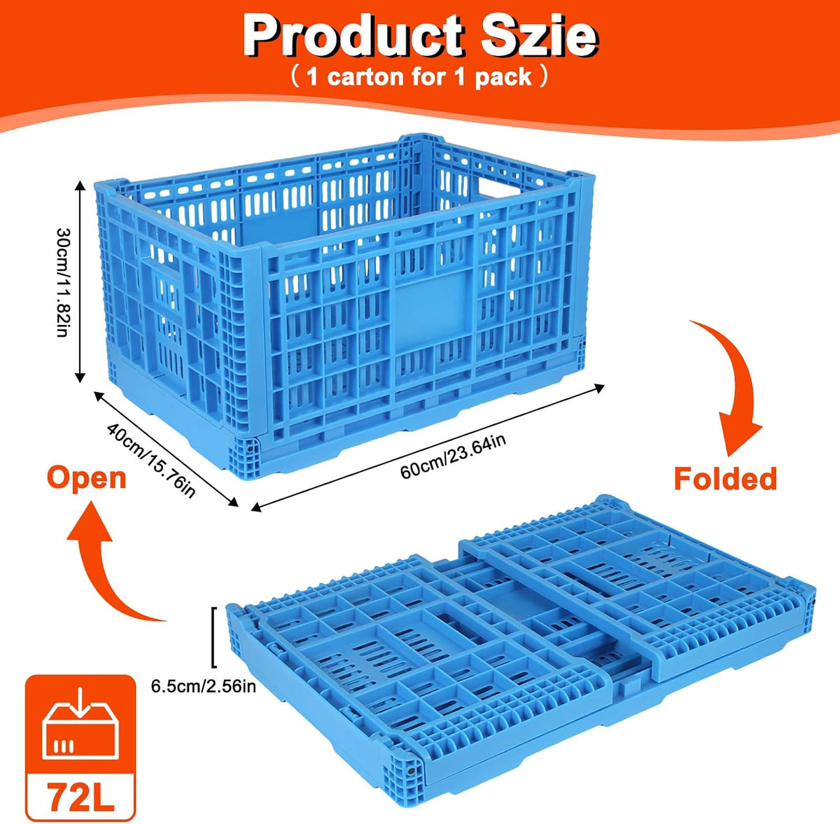 72L Collapsible Milk Crate with Handles,