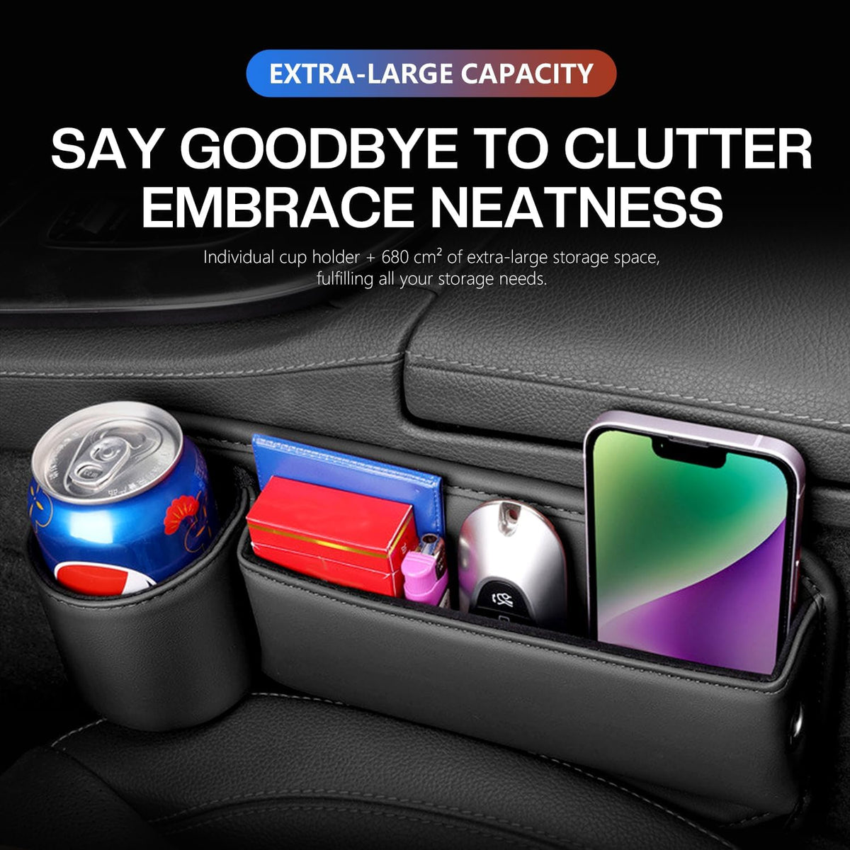 Car Leather Cup Holder Gap Bag, Car Seat Gap Filler Organizer with Water Cup Holder and Phone Charging Hole (White, A Pair)