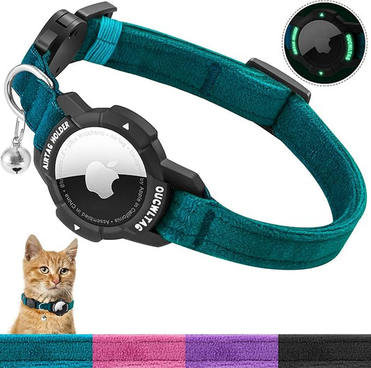 Luminous AirTag Cat Collar Breakaway, OUCWLTAG GPS Cat Collar with Apple Air Tag Holder, Cat Tracker Collars with Safety Elastic Band for Girl Boy Cats, Kittens and Puppies (Blue, 9-13 Inch)