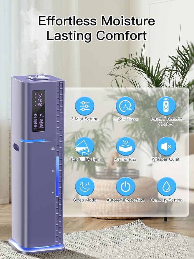 10L/2.64Gal Humidifiers for Bedroom, Top Fill Quiet Ultrasonic Cool Mist Humidifier Large Room, Covers 550ft², 60H Runtime, 24H Timer, 3 Mist Modes Humidifiers for Home, Office, Plants, Purple