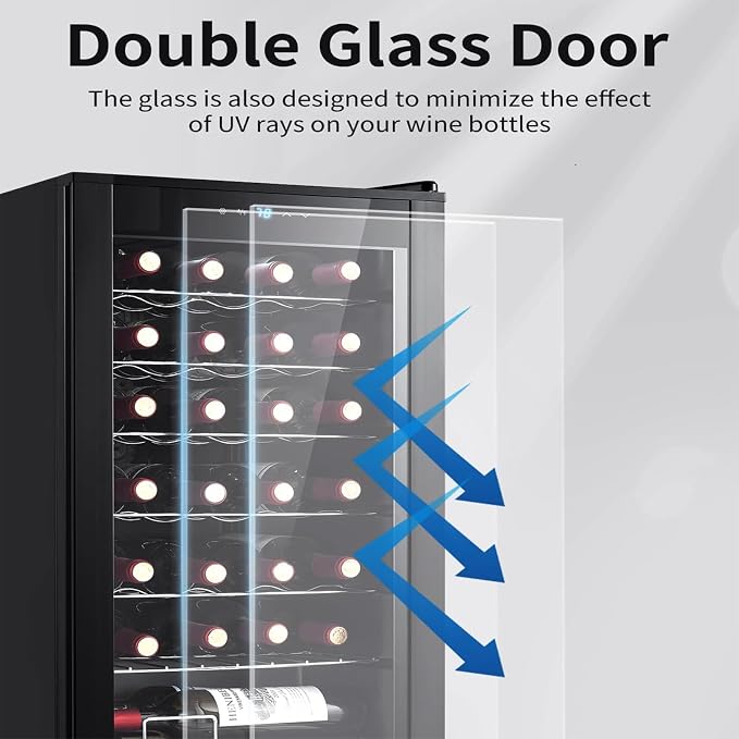 BODEGA COOLER 28 Bottle Wine Refrigerator, Fridge for Kitchen, Room, Office | 7 Shelves, Fast Cooling, Digital Temp Panel, Quiet ≤40dB Operation, Freestanding / Under Counter, UV-Protected Glass Door