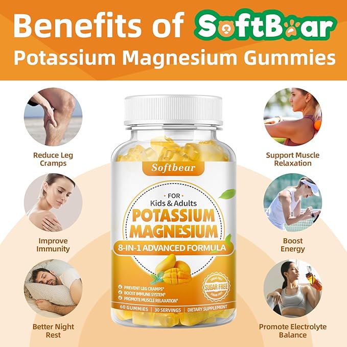 softbear Potassium Magnesium Gummies for Women, Calcium Magnesium Potassium Supplements with Vitamins Sugar-Free Potassium Citrate Gummies Support Muscle Health, Mango Flavor 60 Count