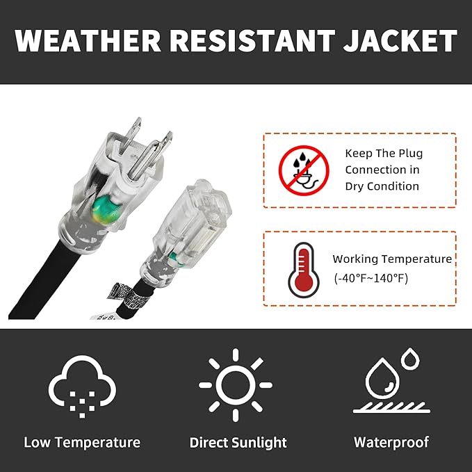 Indoor Outdoor Extension Cord Weatherproof with Lighted End, UL Certified, 14 Gauge 6FT Black 3 Prong Heavy Duty, 14/3 SJTW 15A Power Cord for Outdoor Lights, Lawn