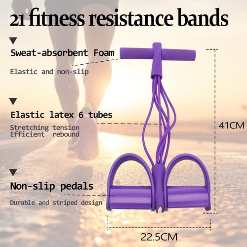 21 Fitness Resistance Bands - 6 Tube Pedal Ankle Puller | Natural Latex for Strength Training & Toning