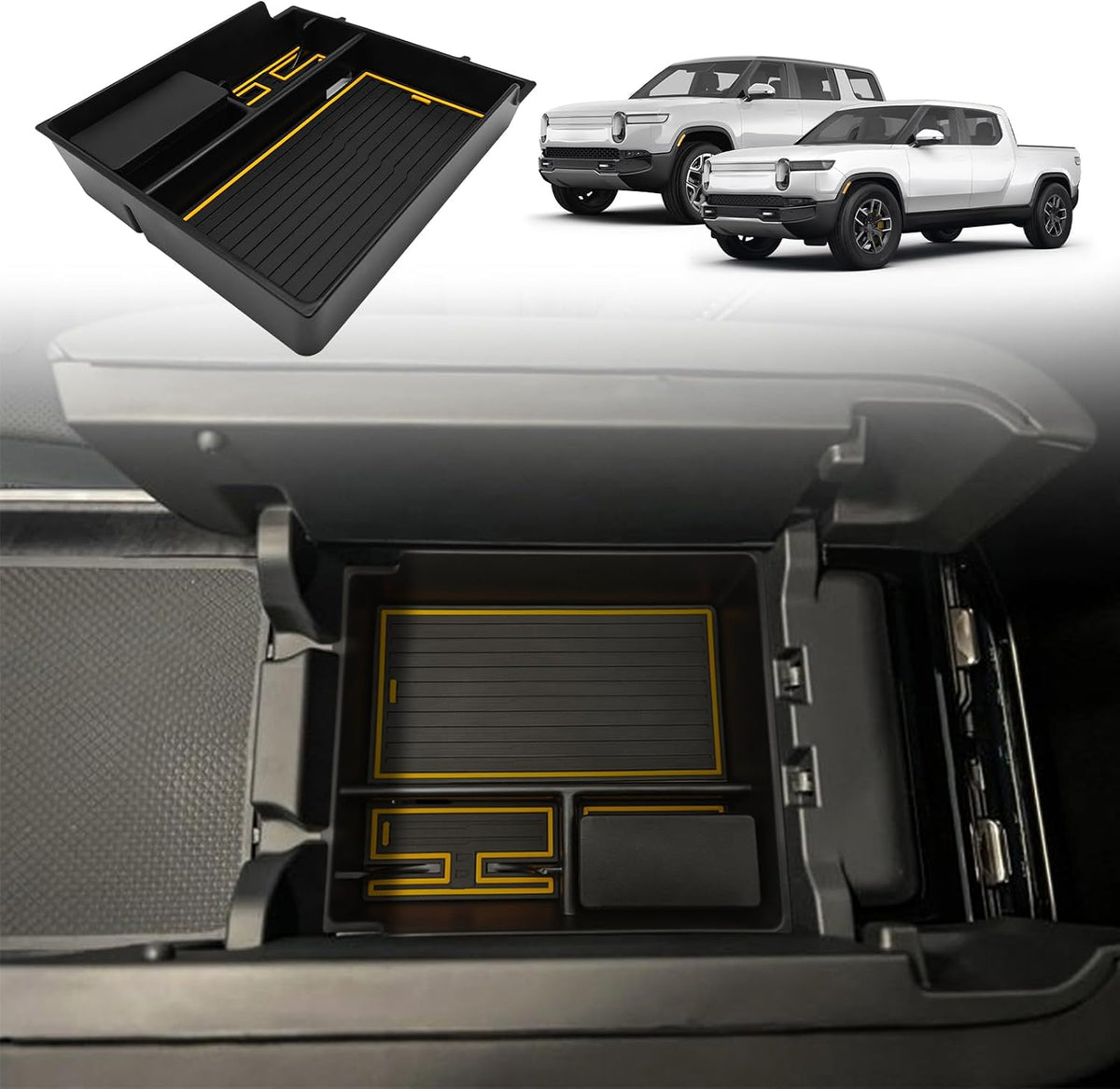 BestEvMod Center Console Organizer for 2022-2026 Rivian R1T/R1S (V3 Yellow)