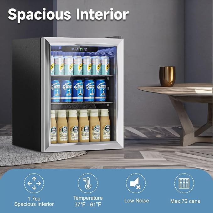 Stopasd Beverage Refrigerator Cooler, 1.7 Cu.Ft/76 Can Drink Fridge with Adjustable Shelves & Glass Door for Soda Wine Beer, Quiet Undercounter Small Fridge for Home/Office/Bar/Garage(37°-61℉), Black
