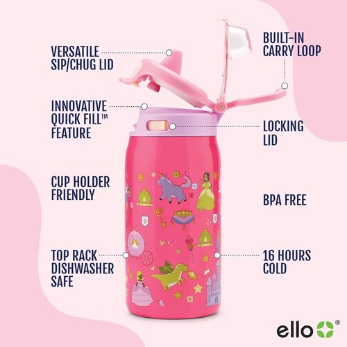 Ello Kids 12oz Pop & Fill Water Bottle - Quick Fill Lid, Double-Wall Insulated, Leak Proof, BPA Free | Royal Palace