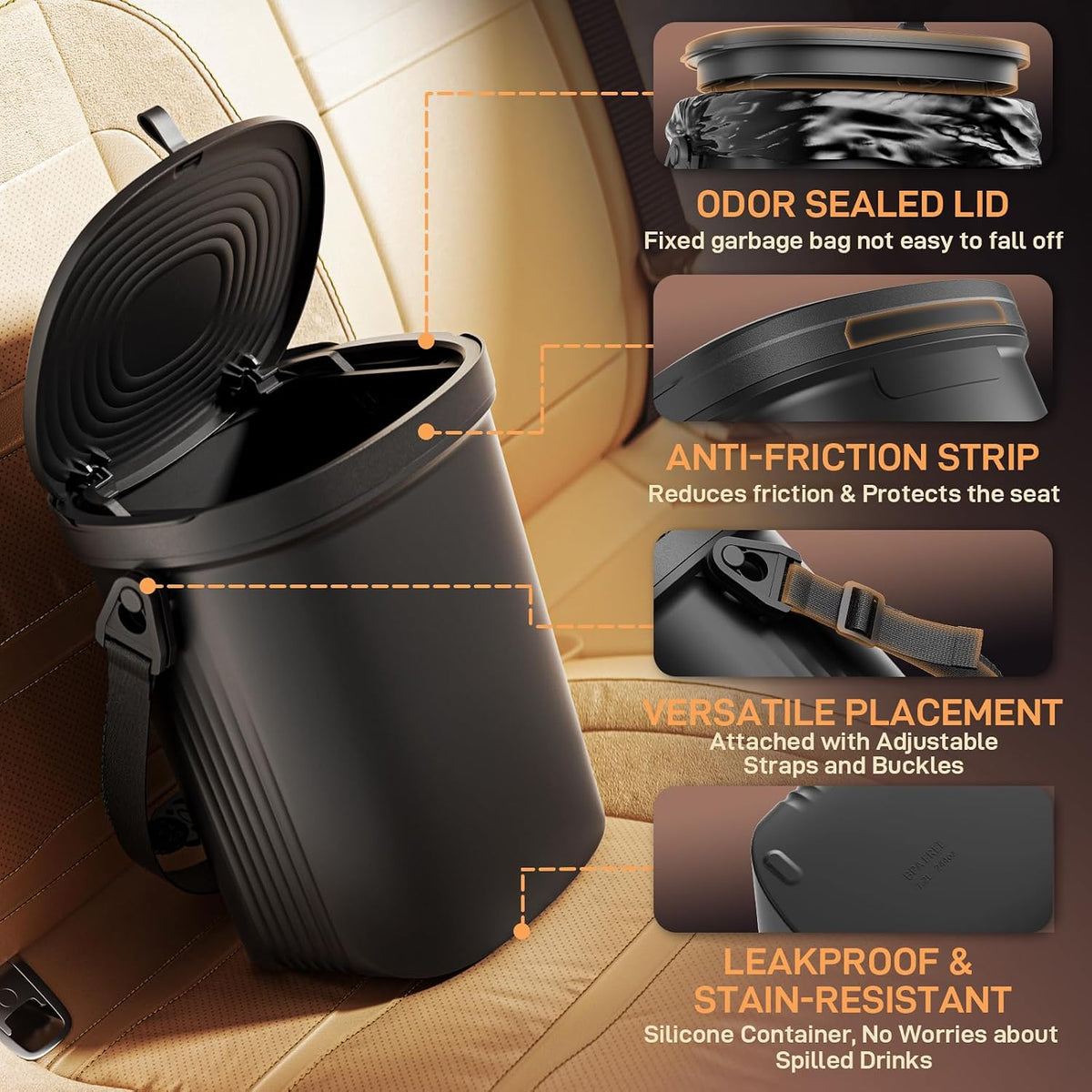 Waretary Car Trash Can with Lid, Leakproof Silicone, 2 Gallon, Black