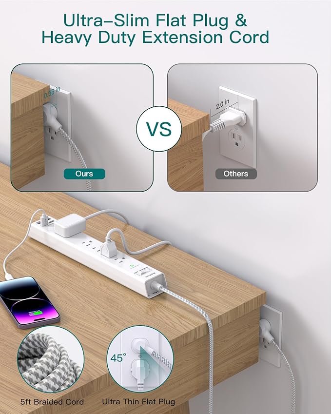 10Ft Surge Protector Power Strip - Long Extension Cord, Addtam 5 Widely Outlets 4 USB Ports, Flat Plug, Multi Plug Outlet Extender, Desk Charging Station for Home Office College Dorm Room Essentials