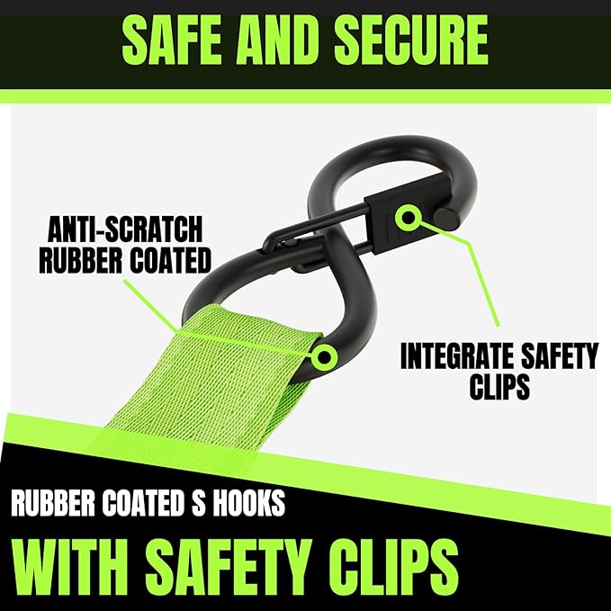 Retractable Ratchet Straps 1 Inch x 12 Feet Heavy Duty Tie Downs Auto Retract Strap 1760lb Break Strength,Self Retracting for Truck,Cargo,Trailer,Motorcycle,ATV,UTV (Fluorescent Green,2 Pack)