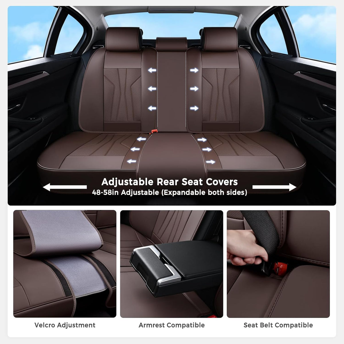 Huidasource Leather Car Seat Covers Full Set 5 Seats, Waterproof Faux Leather Front & Rear Seat Cover with Headrest, Non-Slip Automotive Seat Covers Fit for Most Cars Trucks SUV, Coffee