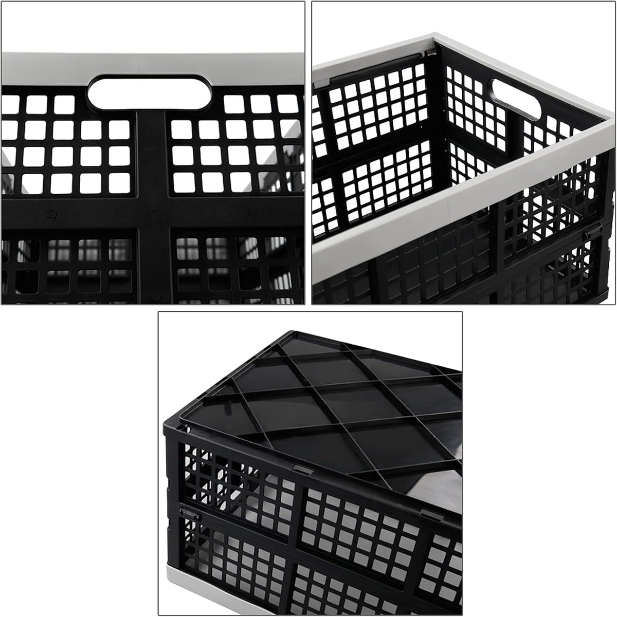 3-Pack Plastic Crates, 42L Foldable Baskets, Collapsible Crates | Stackable Storage Container, Baskets and Bins for Organizing Tools, Books, Food, Drinks, Camping, Shopping & Transport