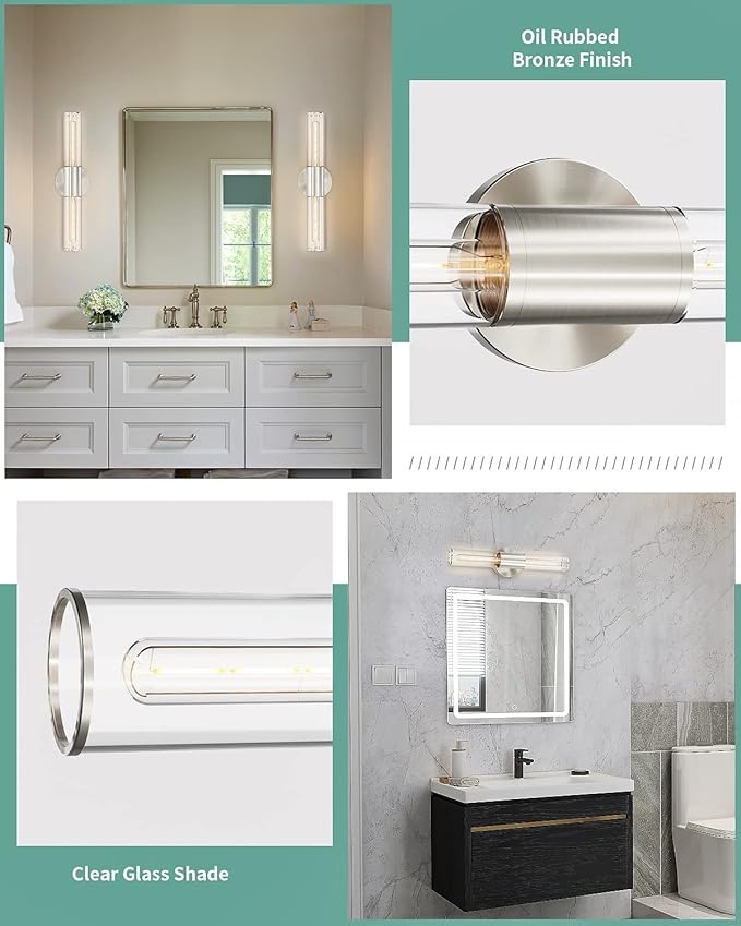 Bathroom Vanity Light Fixture, 2-Light Brushed Nickel Wall Sconce Lighting Fixture with Clear Glass, Indoor E26 Socket Silver Wall Lamp for Mirror Living Room Hallway, 2 Pack
