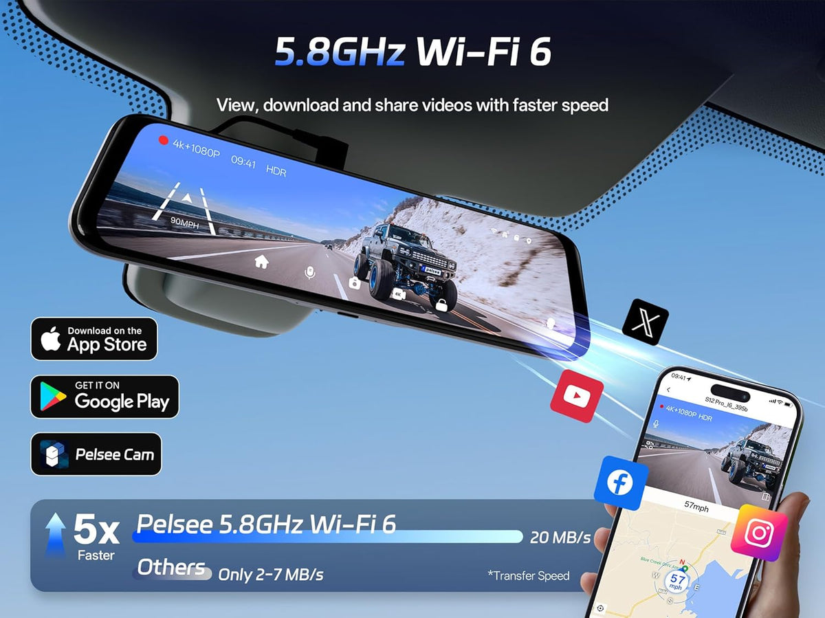 Pelsee S12 Pro Mirror Dash Cam with STARVIS 2 Sensor, Rear View Mirror Camera 5.8GHz WiFi, 4K Front and 1080P Rear Backup Camera for Car, ADAS, Voice Control, Color Night Vision, 64G Meomory Card