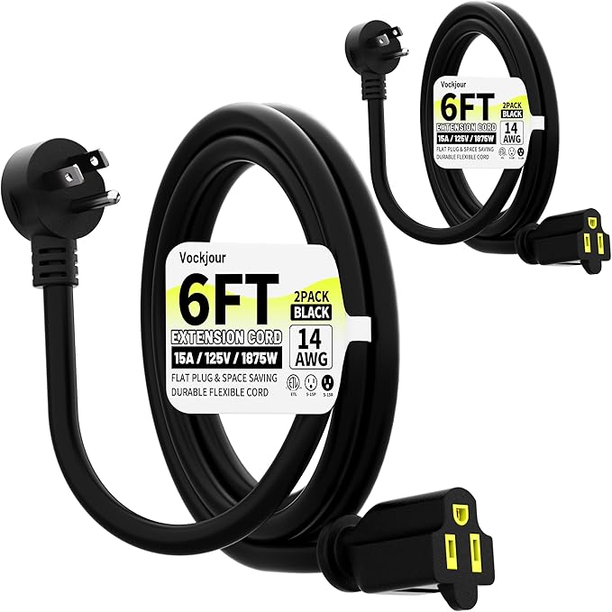 Vockjour 6 FT 2 Pack Black Low Profile Flat Plug 14 Gauge Heavy Duty Extension Cord, 14AWG 3-Wire Grounded Appliance Extension Cord, 15A/125V/1875W SJTW ETL Listed Power Cord