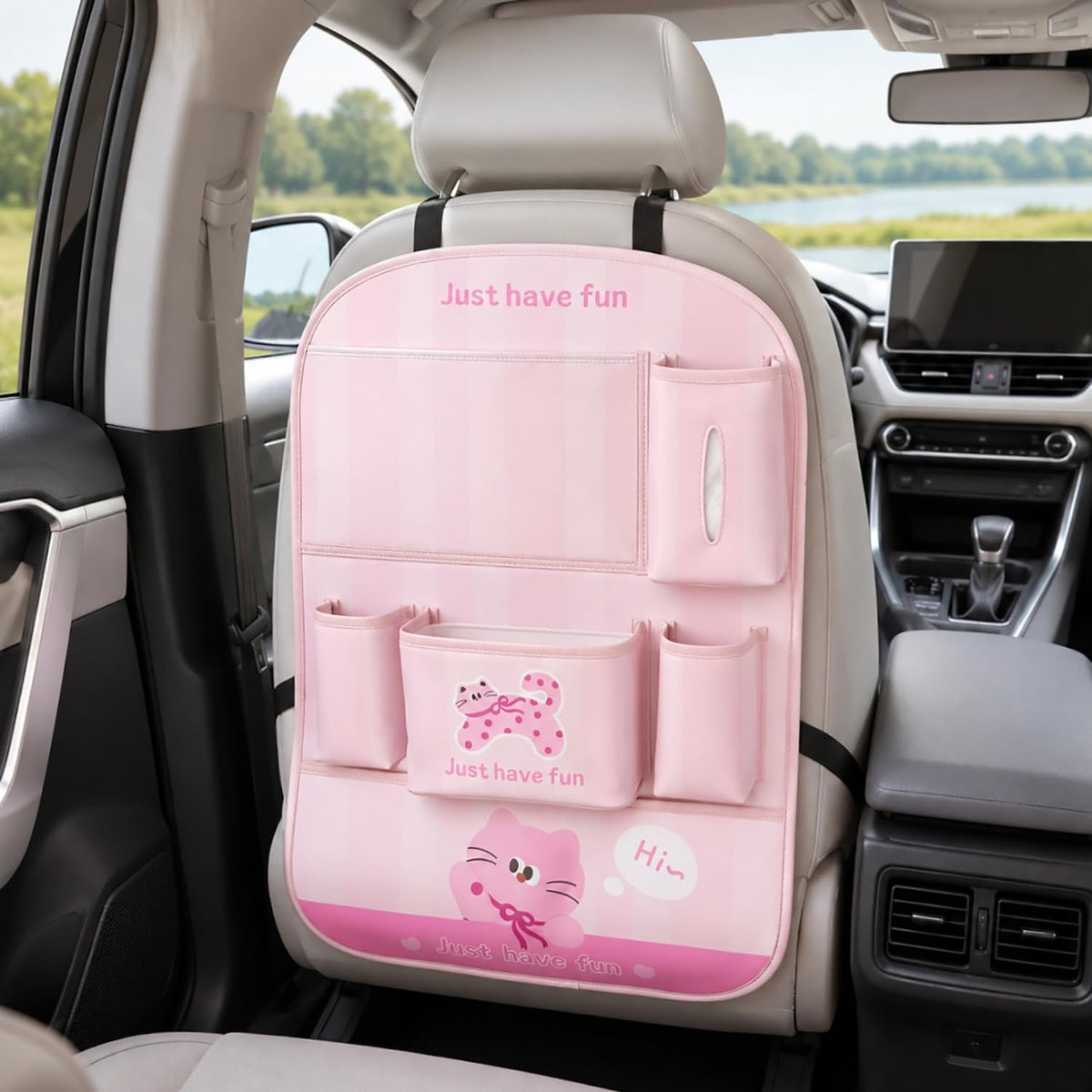 YUNZLAN Leather Backseat Car Organizer, Kick Mats Back Seat Protector with Touch Screen Tablet Holder Back Seat Organizer for Kids with 4 Storage Pockets Travel Accessories (BeigeBlackCat)