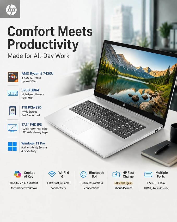 HP 17 Inch FHD Laptop Computer for Business & Students 32GB RAM 1TB SSD | AMD Ryzen 5 7430U Processor, 17.3 inch FHD IPS Display, Windows 11 Pro, Copilot AI Key, Fast Charging, Wi-Fi 6