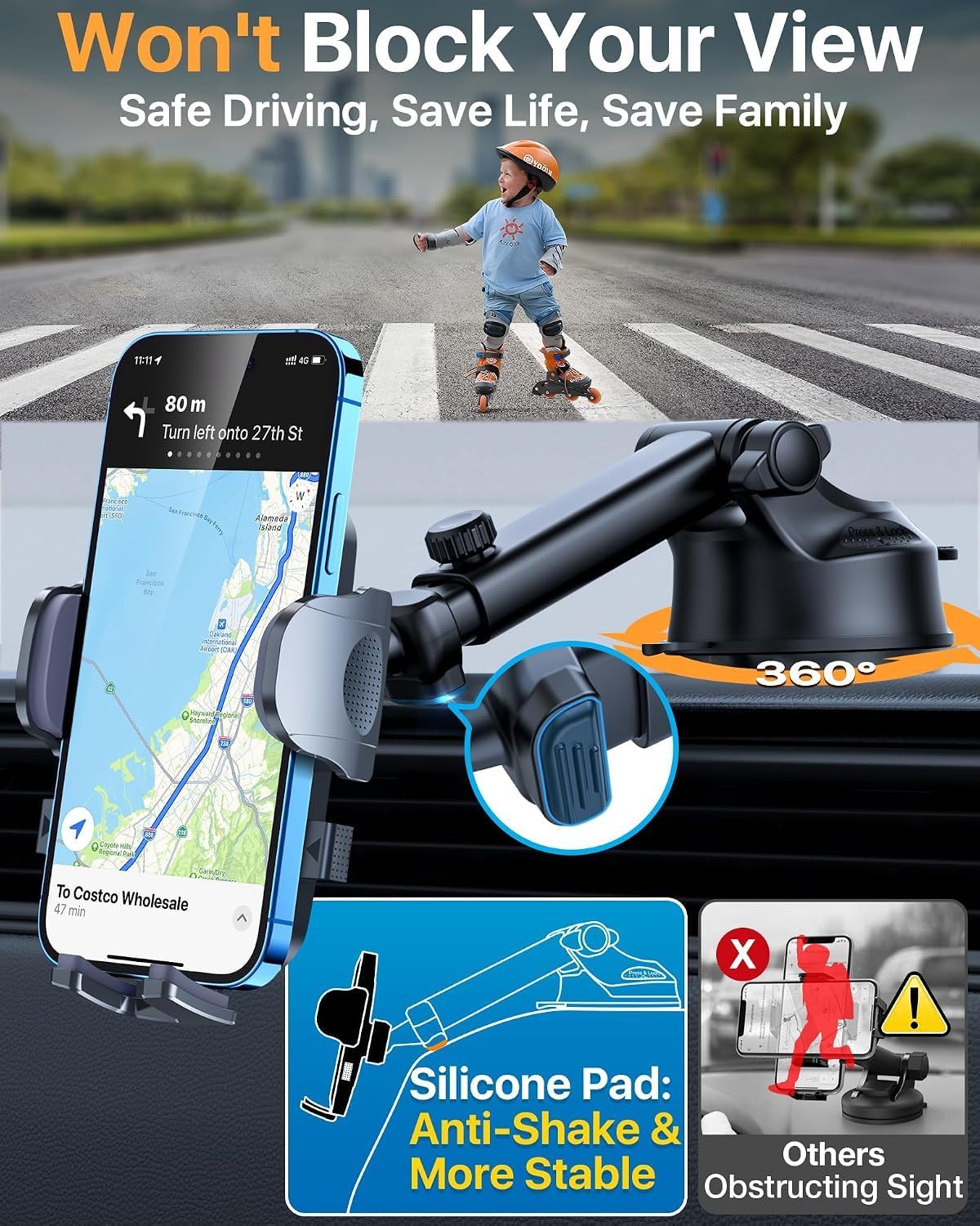 [True Upgrade for Safety] YRU Car Phone Holder Mount [Patent & Military-Grade] Dashboard Cell Phone Holder for Car Vent Windshield Phone Stand for iPhone17 16 15 14 13Pro Max Truck Samsung, Dark Black