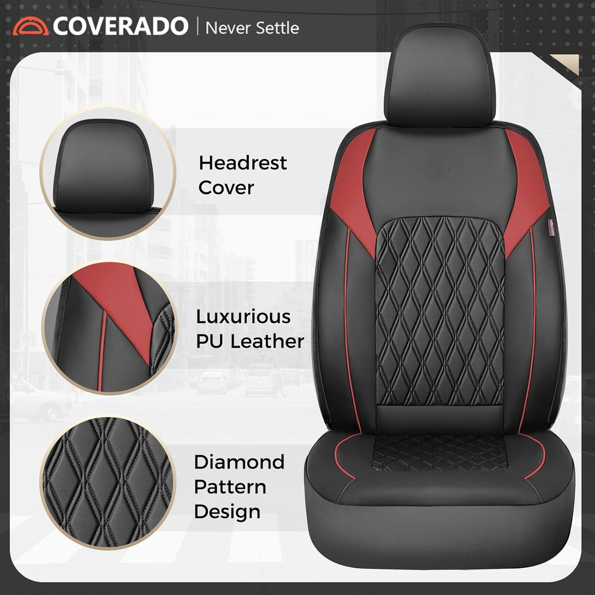 Coverado Car Seat Covers Full Set, Leather Seat Covers, Automotive Seat Covers for Cars, Car Seat Covers Front Seats Back, Car Seat Protector Car Seat Cushion Universal Fit Most Cars Trucks, Black&Red