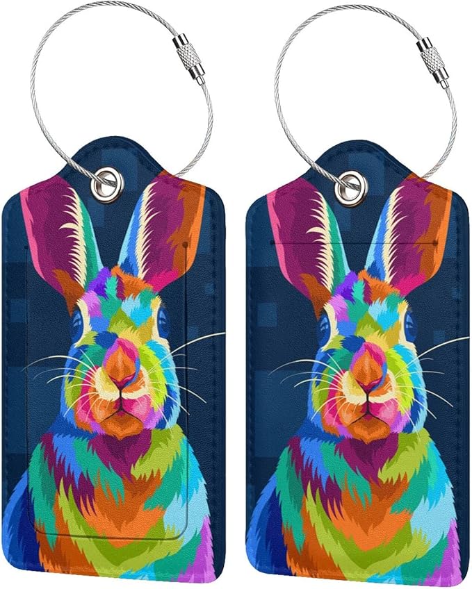 2-Pack Cute Rabbit Bag Tags for Luggage, Colorful Animal Airport Suitcase Baggage Label Tags, Business ID Card Holders Gifts for Women Men Girls Boys Kids Crew